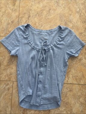 aerie Light Blue Button-Front Tie-Neck Knit Top